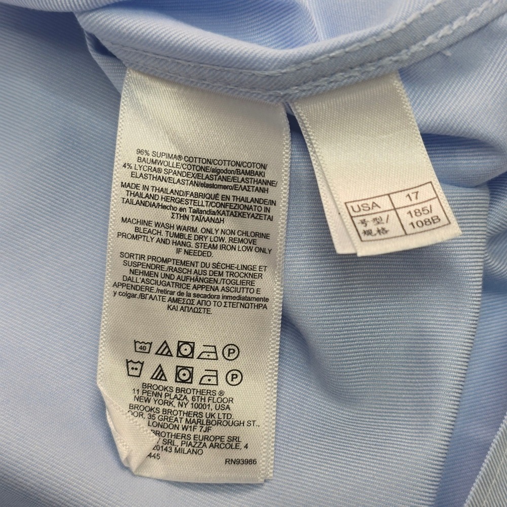 Brooks Brothers Dress Shirt Mens 17-34 Light Blue Regular Non-Iron Stretch Twill - Picture 12 of 13